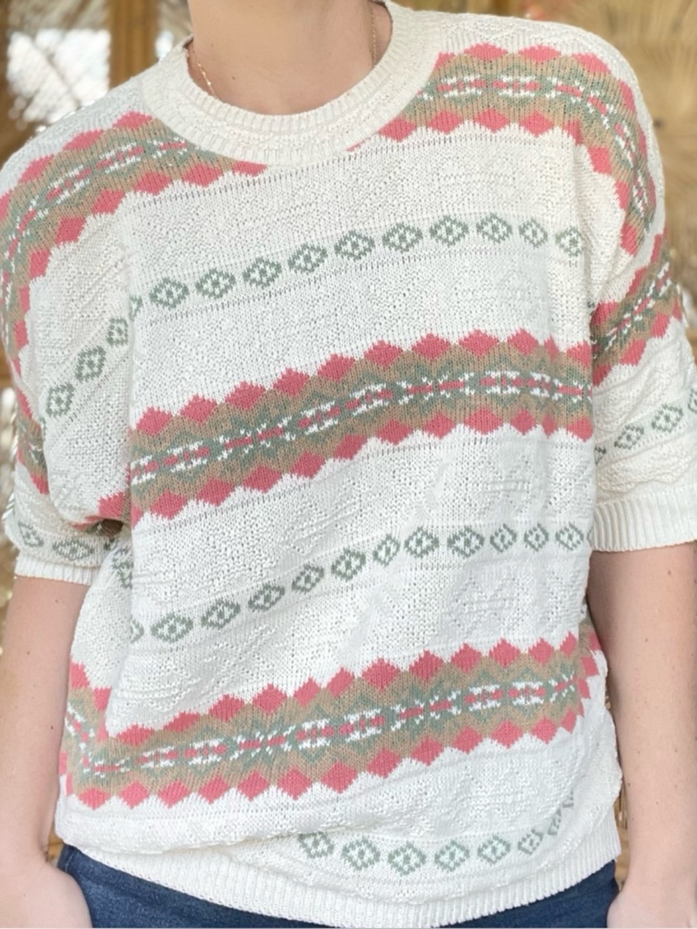Vintage Cricket Lane Cream Pink Tan Knit Fair Isle Short Sleeve Sweater Blouse